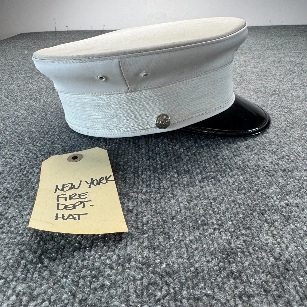 Vintage Fire Department Officer Dress Hat Cap White Bell Crown Black Visor 7 1/4
